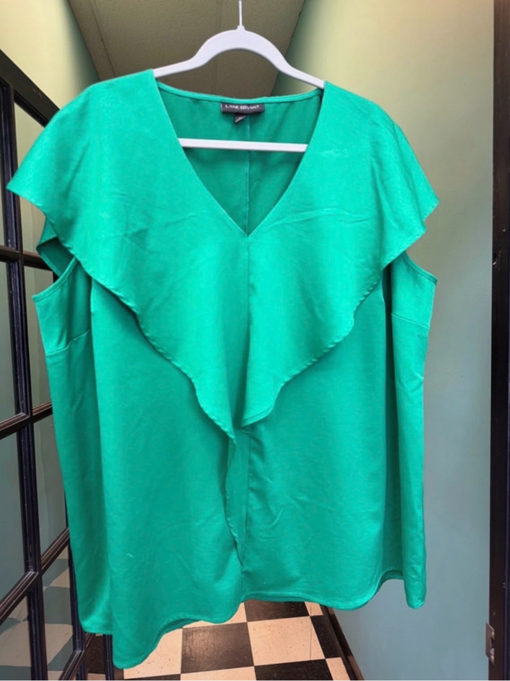9. Lane Bryant Bright Green V-Neck Cold-Shoulder Ruffle Blouse